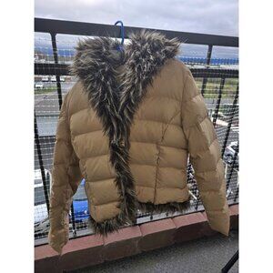 INC Down Puffer Jacket Womens Large Tan Faux Fur Hood Trim Winter Coat
